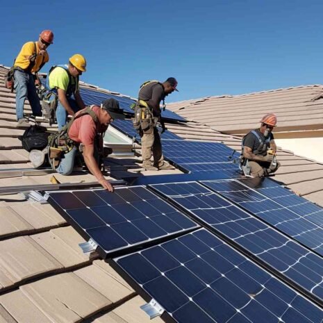 employees of PowerSolarLasVegascom installing solar panels on a home in North las vegas Nevada